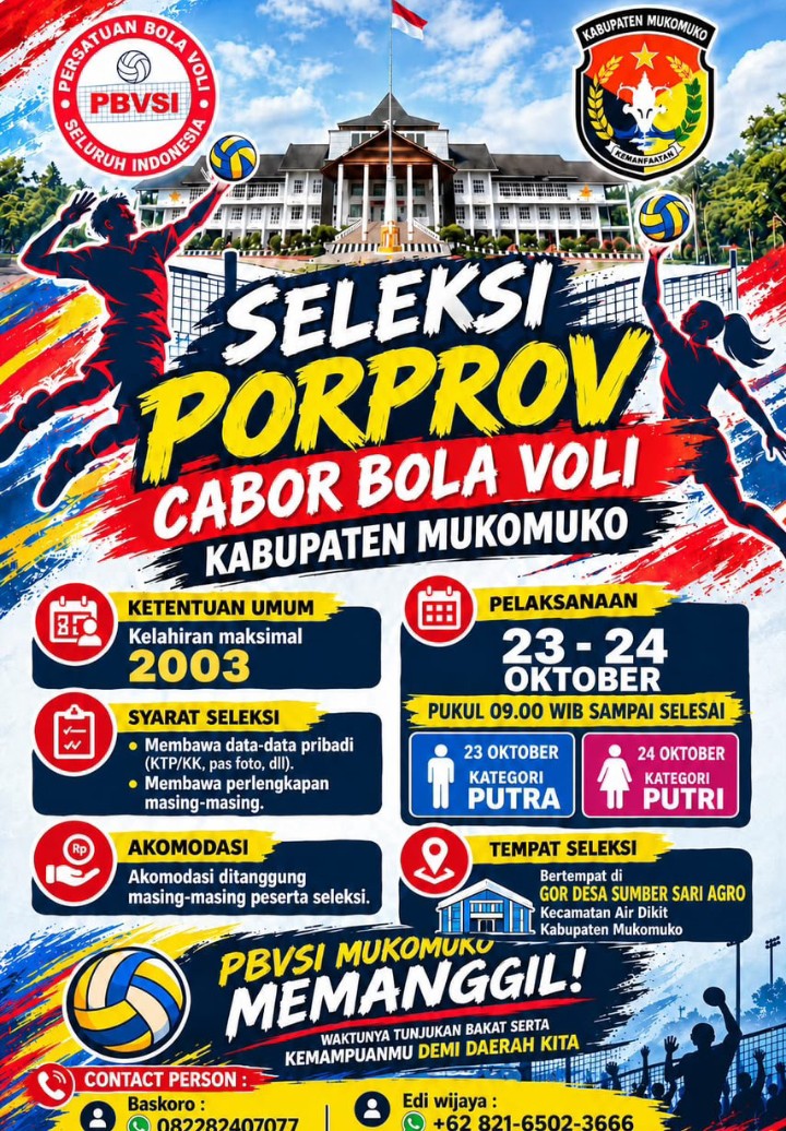 Seleksi Porprov Cabor Bola Voli Di Mukomuko Digelar 23-24 Oktober 2026